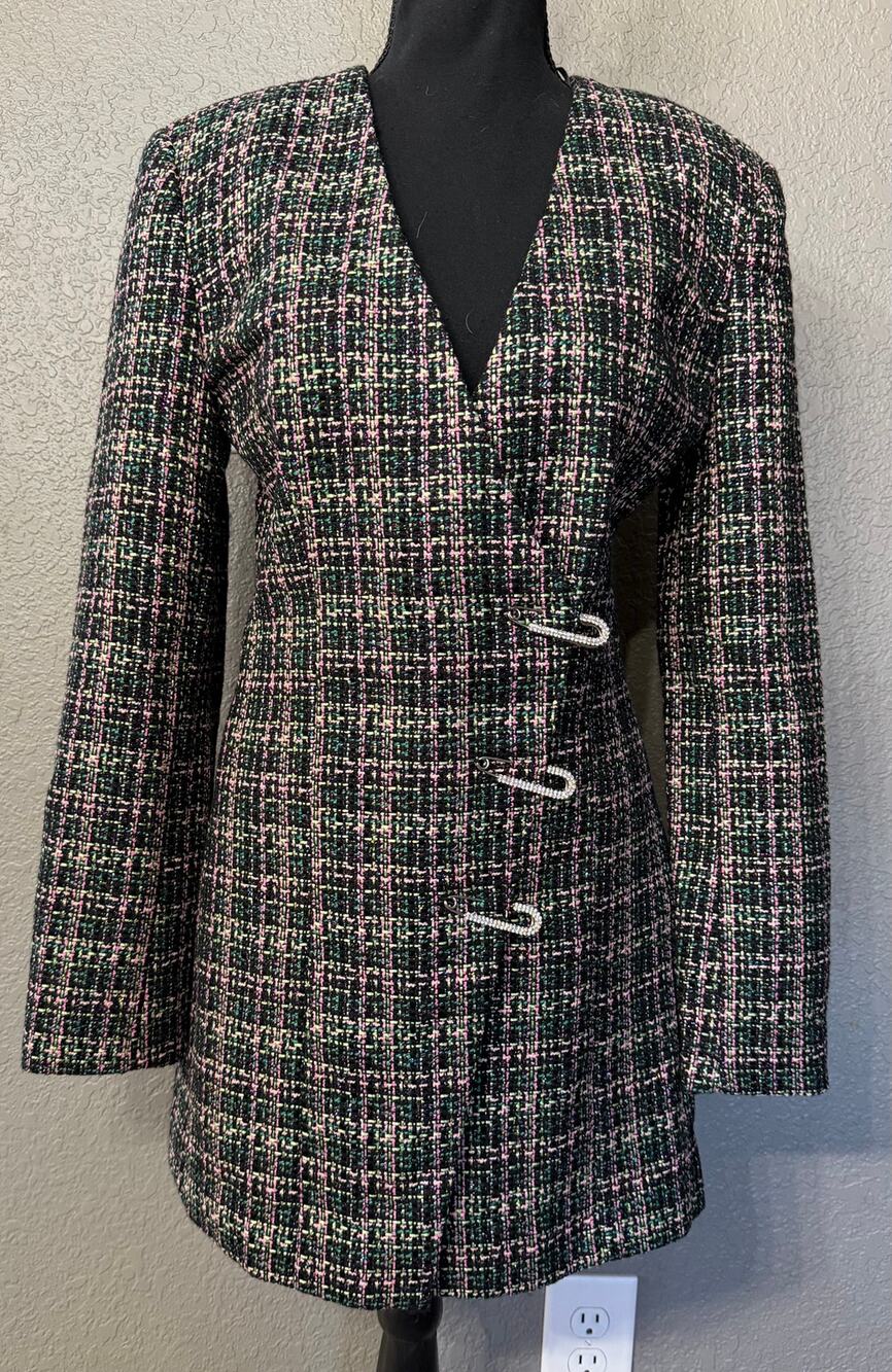 Zara Womens Sz M Black Tweed Metallic Rhinestone Safety Pin Blazer Mini Dress - Picture 1 of 9